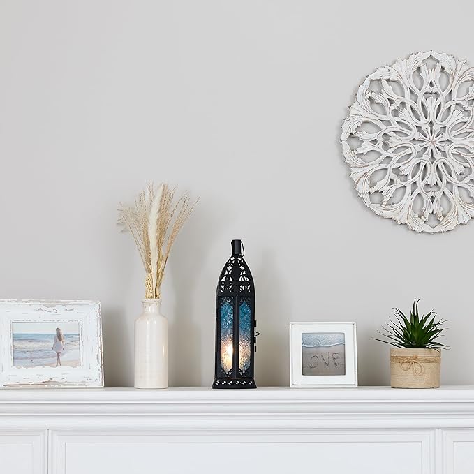 Zingz & Thingz Moroccan Style Candle Lantern Holder, Decorative Light Home Decor, Indoor & Outdoor, 13" Tall, Black with Blue Glass