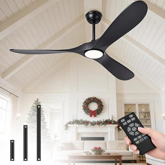 52 Inch Ceiling Fans with Lights and Remote, Wood Outdoor Ceiling Fan with 6 Speed Noiseless DC Motor, Indoor Modern 3 Blade Propeller Ceiling Fan for Bedroom Living Room Gazebo Patio (Black)