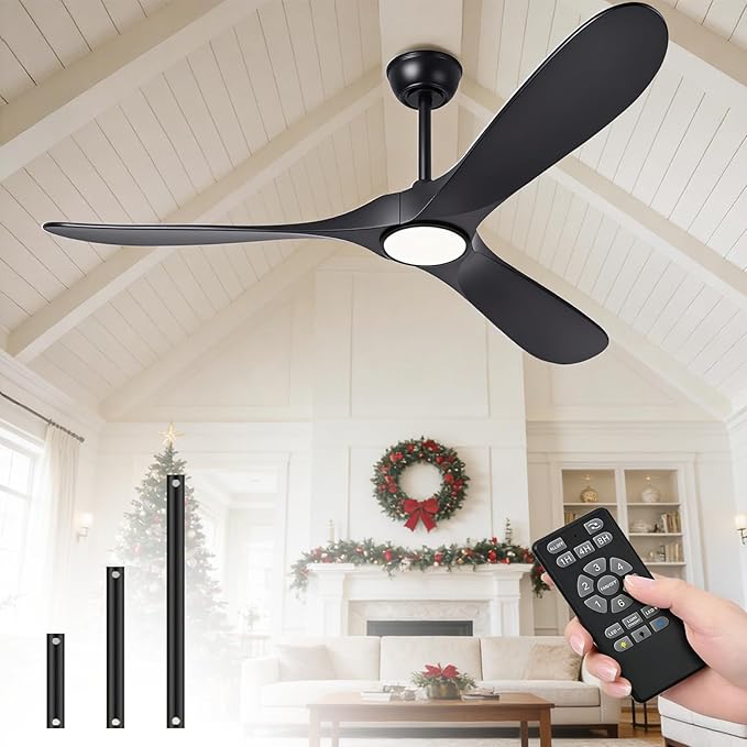 72 Inch Ceiling Fans with Lights and Remote, Wood Outdoor Ceiling Fan with 6 Speed Noiseless DC Motor, Indoor Modern 3 Blade Propeller Ceiling Fan for Bedroom Living Room Gazebo Patio (Black)