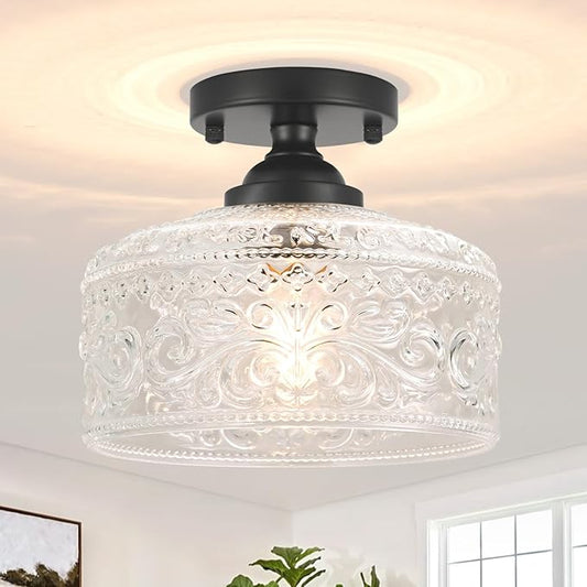 Daunton Small Semi Flush Mount Ceiling Light Fixture, Vintage Matte Black Close to Ceiling Lighting with Etched Glass Shade for Hallway, Kitchen, Entryway (Retro Design, Easy Install)