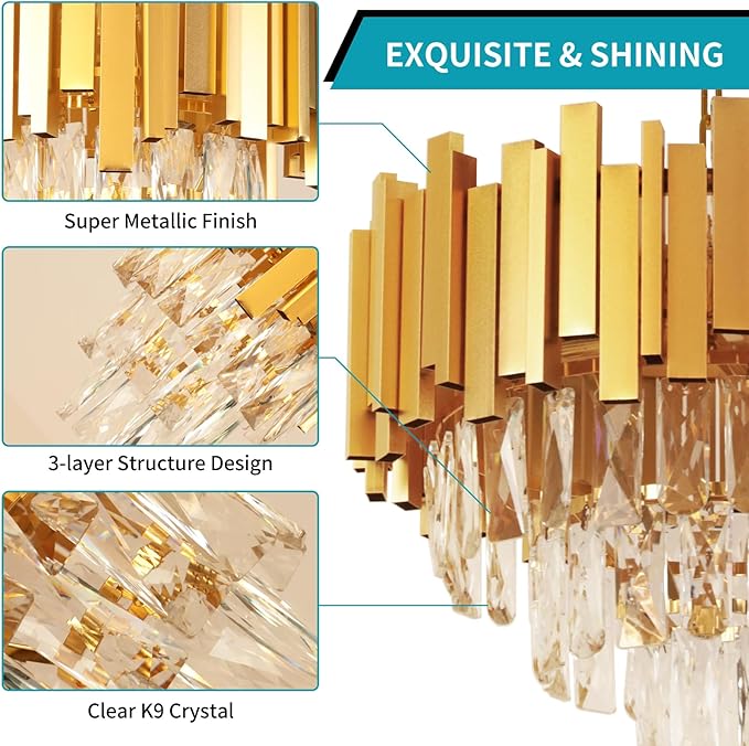 Depuley Modern Gold Crystal Chandelier: 5-Light 3-Tier Flush Mount Chandelier 12 Inch Luxury Round Hanging Pendant Light Fixture for Porch Bedroom Dining Room Foyer Included Bulbs