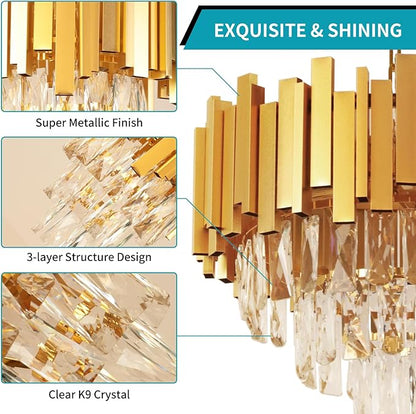 Depuley Modern Gold Crystal Chandelier: 5-Light 3-Tier Flush Mount Chandelier 12 Inch Luxury Round Hanging Pendant Light Fixture for Porch Bedroom Dining Room Foyer Included Bulbs