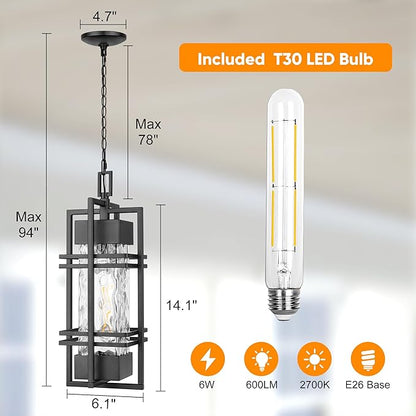 WIHTU Large Outdoor Pendant Light Fixture, Modern Hanging Lantern Ceiling Mount, Anit-Rust Waterproof Chandelier Lighting Exterior with Stone Bubble Glass for Porch, Garage, Gazebo, Patio