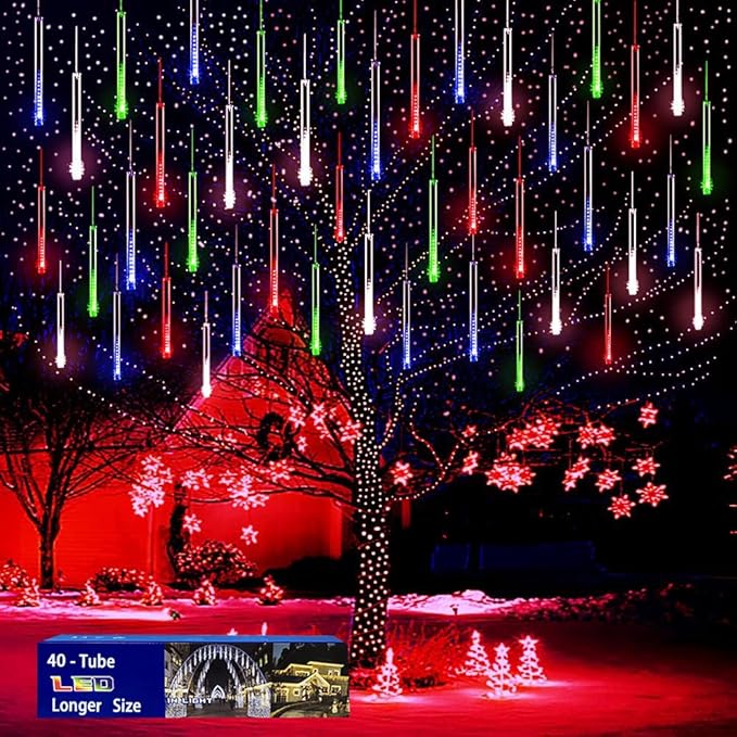 Purtuemy Meteor Shower Lights Outdoor: 40 Tube(Equivalent to 5 Sets of 8-Tubes) Christmas Lights - Waterproof Christmas Halloween Decorations for Yard Outside Tree Roof, Multicolor