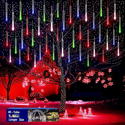 Purtuemy Meteor Shower Lights Outdoor: 40 Tube(Equivalent to 5 Sets of 8-Tubes) Christmas Lights - Waterproof Christmas Halloween Decorations for Yard Outside Tree Roof, Multicolor