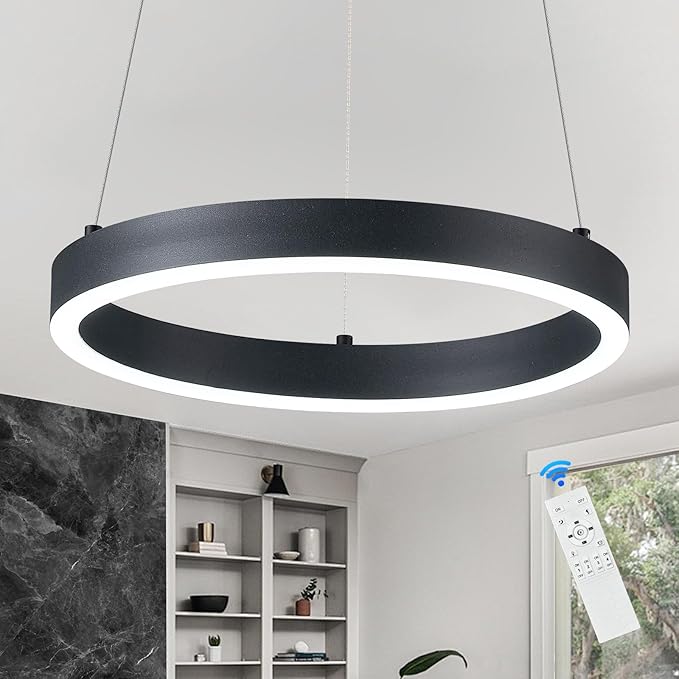 12in LED Ring Chandelier Black Modern Dimmable Pendant Light Height Adjustable Circular Hanging Ceiling Fixture for Kitchen Island Dining Table Entryway Sink