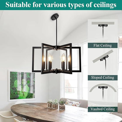 6-Light Black Chandelier, Farmhouse Dining Room Light Fixture, Large Modern Chandelier, Geometric Industrial Metal Hang Lighting Fixture for Foyer Entryway Kitchen Over Table Hallway Living Room