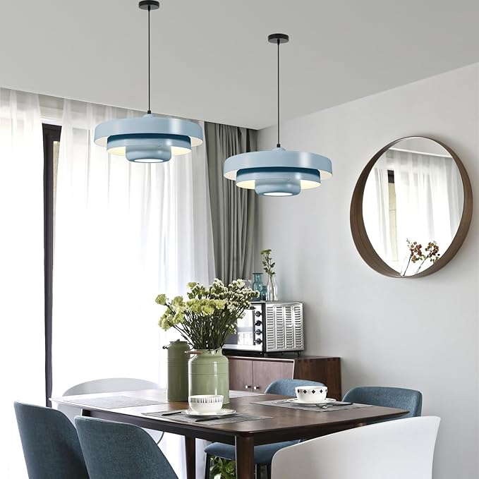 Minimalist Scandinavian Light Blue Pendant Light, 17.7" Large Adjustable Mid Century Hanging Light for Kitchen Island Dining Room Modern Apartment Pantry