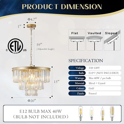 Gold Crystal Chandeliers Modern Round 20" Chandelier 7 Lights Ceiling Pendant Light Fixture Luxury 3-Tier K9 Crystal Lighting for Living Room Dining Room Bedroom Kitchen Foyer