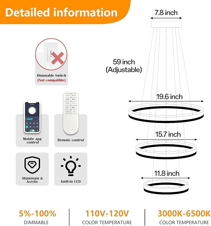 Modern Sliver Led Chandelier 3 Rings Pendant Lights Dimmable Chandeliers Color Temperature Height Adjustable Sliver Chandelier Led Pendant Light for Dining Room Bedroom Entryway Living Room