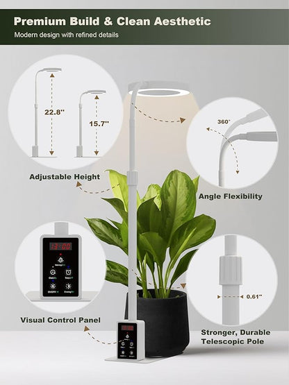 GLOWRIUM Smart LED Grow Lights for Indoor Plants G4, 12W Full Spectrum 3500K with Grow lamp, Bluetooth App Control, 10-Level Dimming, Gooseneck, Height Adjustable 16"-23", Auto Timer, (White 12W)