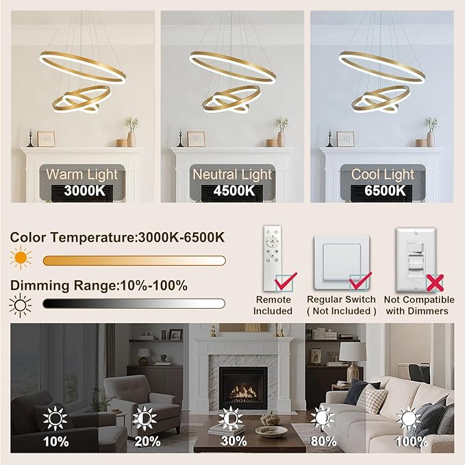 3 Rings Modern LED Chandelier Gold High Ceiling Ring Chandeliers with Remote Control Circular Pendant Light Dimmable for Dining Room Living Room Bedroom Foyer Entryway 3000K-6500K