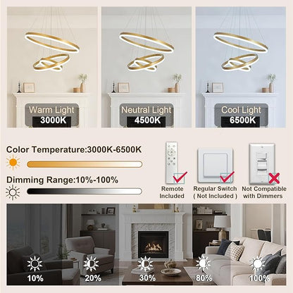 3 Rings Modern LED Chandelier Gold High Ceiling Ring Chandeliers with Remote Control Circular Pendant Light Dimmable for Dining Room Living Room Bedroom Foyer Entryway 3000K-6500K