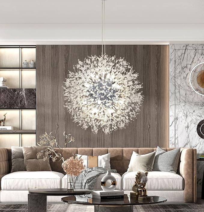 Modern Dandelion Firework Chandelier, Chrome Dining Room Chandelier, Crystal Hanging Pendant Lighting Fixture for Living Room, Bathroom, Bedroom, Restaurant, 16-Light