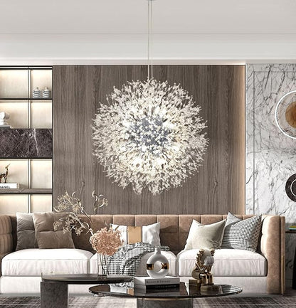 Modern Dandelion Firework Chandelier, Chrome Dining Room Chandelier, Crystal Hanging Pendant Lighting Fixture for Living Room, Bathroom, Bedroom, Restaurant, 16-Light