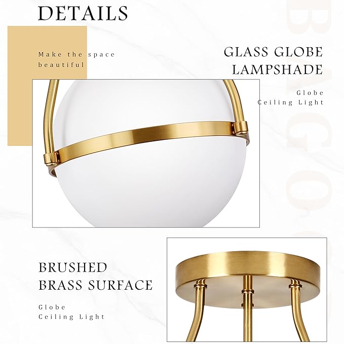 Bagood 8 Inch Mid Century Ceiling Light Modern Semi Flush Mount Ceiling Light Fixture Globe Ceiling Light Fixture with Milk Glass Shade Brass Finish for Kitchen Island Hallway Living Room (Bulb Incl.)