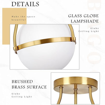 Bagood 8 Inch Mid Century Ceiling Light Modern Semi Flush Mount Ceiling Light Fixture Globe Ceiling Light Fixture with Milk Glass Shade Brass Finish for Kitchen Island Hallway Living Room (Bulb Incl.)