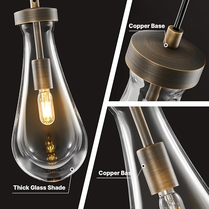 Raindrop Pendant Lights Kitchen Island: Vintage Copper Teardrop Hanging Light - 2 Head Crystal Pendants Light over Dining Table - Durable Raindrop Lighting Fixture for Bedroom Hallway Bulb Included