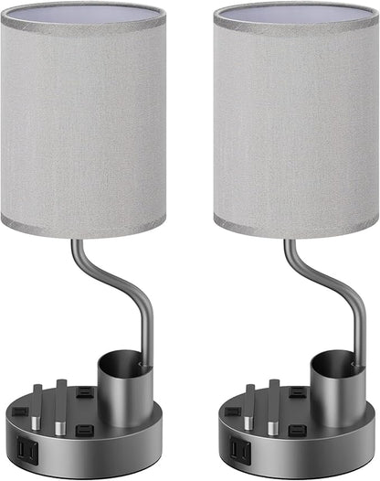 Grey Bedside Table Lamps for Bedroom Set of 2 - Nightstand Light with AC Outlet and USB A & C for Charging, 3 Color Temperatures Desk Lamp with Pen Holder & Phone Stand for Living Room/Dorm/Office