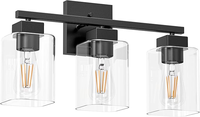 Matte Black Bathroom Vanity Light, 3-Light Vanity Lighting fixtures Over Mirror, Square Design & UL Certification, Wall Sconces with Clear Glass Shades, E26 Socket (Bulbs Not Included)
