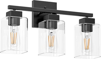 Matte Black Bathroom Vanity Light, 3-Light Vanity Lighting fixtures Over Mirror, Square Design & UL Certification, Wall Sconces with Clear Glass Shades, E26 Socket (Bulbs Not Included)