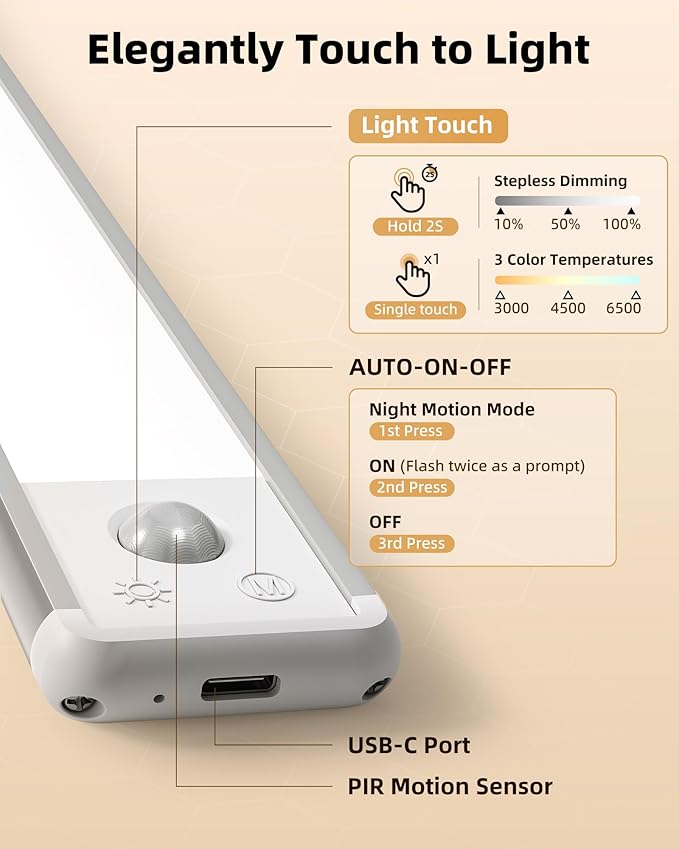 EZVALO 11.8-inch Under Cabinet Lighting, 2400mAh Rechargeable Motion Sensor Light, 3 Color Temperatures, Dimmable Magnetic Wireless Light for Kitchen, Pantry, Closet, Stairs