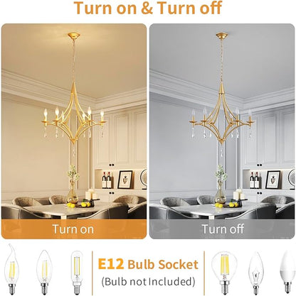 Modern Gold Crystal Chandelier, 6-Lights Farmhouse Chandeliers for Dining Room Light Fixtures Hanging Pendant Light, Modern Candle Chandelier for Bedroom Foyer Living Room Kitchen Island Entryway