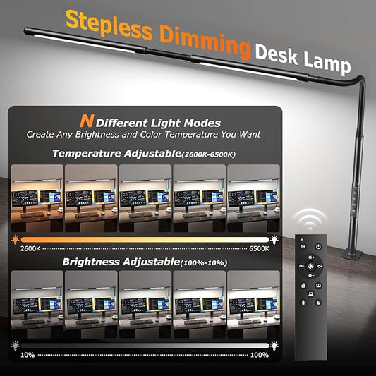 LED Desk Lamp for Home Office, Eye-Caring Desk Light with Adjustable Gooseneck, Dual Screen Computer Monitor Light with Stepless Dimming, Stepless Color Temp, Memory Function for Study, Workbench