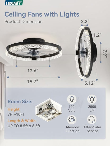 LEDIARY Flush Mount Ceiling Fan with Lights and Remote, 19.7'' Low Profile, 3000-6000K Dimmable Fandelier, 6 Wind Speeds, Black Modern LED Fan Light for Bedroom