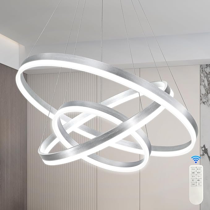 31.5" Nickel Modern Led Chandelier 3 Ring Modern Led Pendant Light Contemporary Ring Chandeliers Dimmable Chandeliers Color Temperature Adjustable Height Hanging Chandelier for Entryway