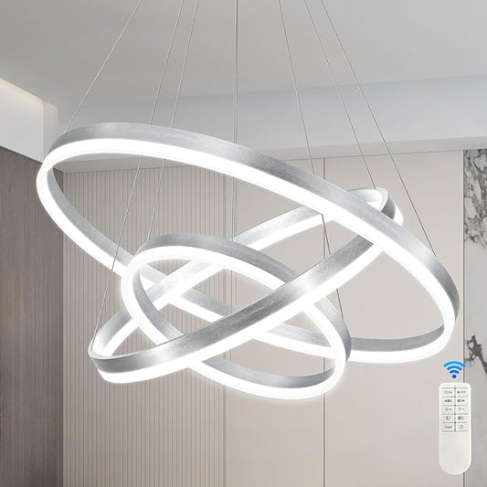 31.5" Nickel Modern Led Chandelier 3 Ring Modern Led Pendant Light Contemporary Ring Chandeliers Dimmable Chandeliers Color Temperature Adjustable Height Hanging Chandelier for Entryway