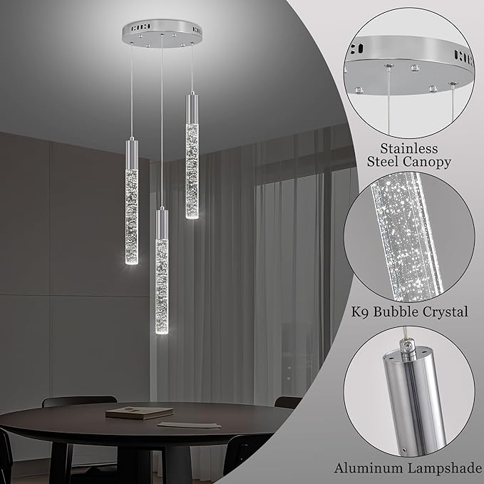 Modern Crystal Chandelier 3-Lights, Spiral LED Raindrop Kitchen Island Pendant Lighting, Bubble Foyer Dinimg Room Hanging Light Fixture Remote Control Chrome