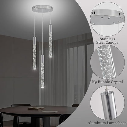 Modern Crystal Chandelier 3-Lights, Spiral LED Raindrop Kitchen Island Pendant Lighting, Bubble Foyer Dinimg Room Hanging Light Fixture Remote Control Chrome