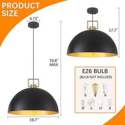 19.7" Vintage Pendant Light Industrial Pendant Light Dome Black and Gold Large Chandelier Light for Kitchen Island, Dining Room, Bedroom,Farmhouse Pendant Lighting