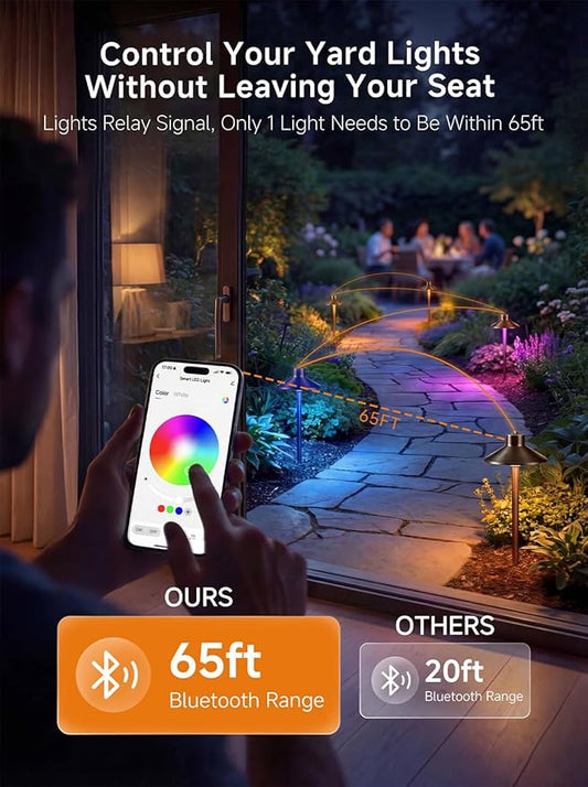 Gardenreet Brass Smart RGBCW Low Voltage Path Lights, 12v Bluetooth App Landscape Lighting, Dimmable 2700K-6500K Warm/Cool White LED G4 Bulb, Waterproof Daily Walkway Yard Garden, Bronze 12 Pack