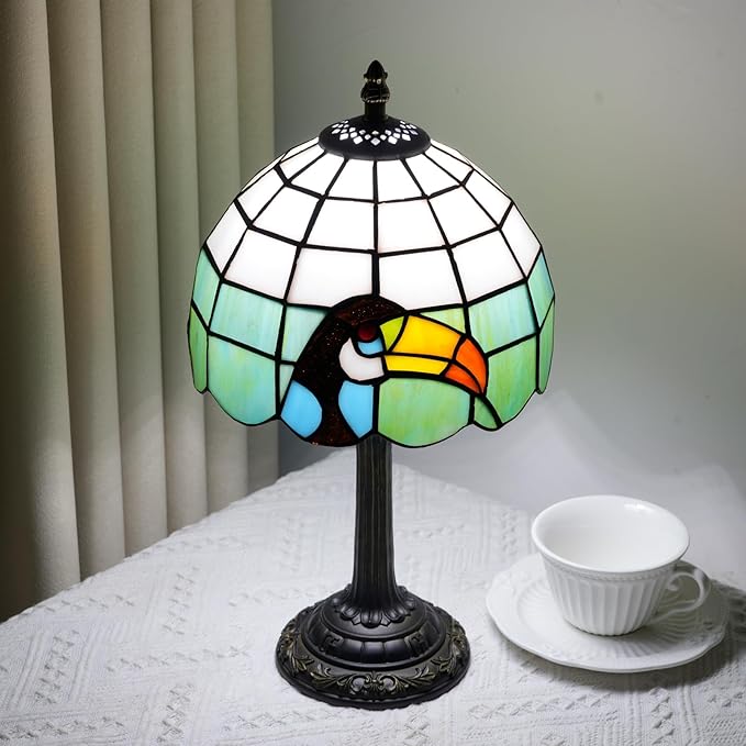 Tiffany Style 8 Inch Big-Billed Bird Stained Glass Table Lamp,Handmade Accent Lamp With Resin Base Retro Night Light For Bedroom, Office Living Room,Restaurant Farmhouse Decor Ambient Lighting