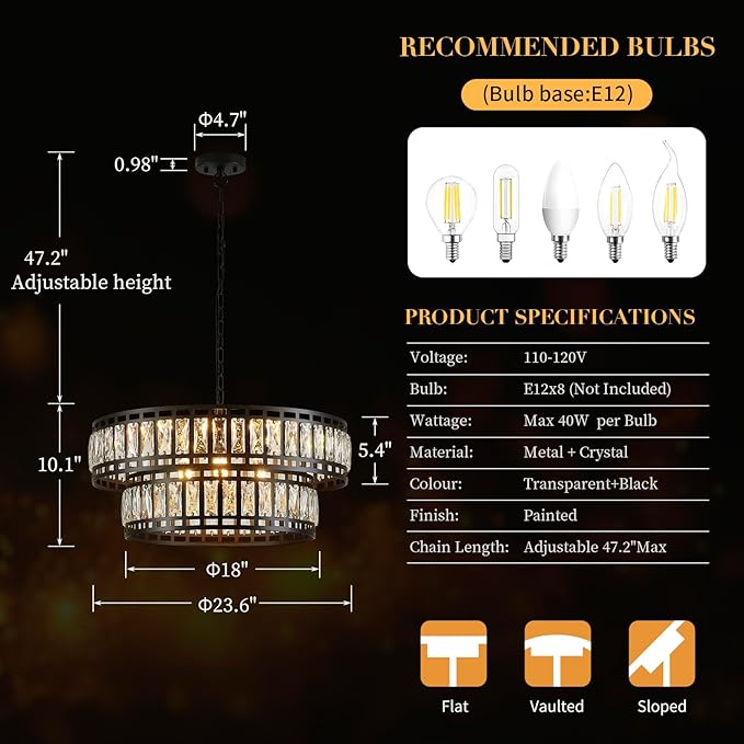 24" Modern Crystal Chandelier 8-Light Drum Large Glass Chandelier 2-Tier Round Black Design Luxury Elegant Lighting Fixture for Dining Room, Foyer, Living Room, Bedroom, Kitchen