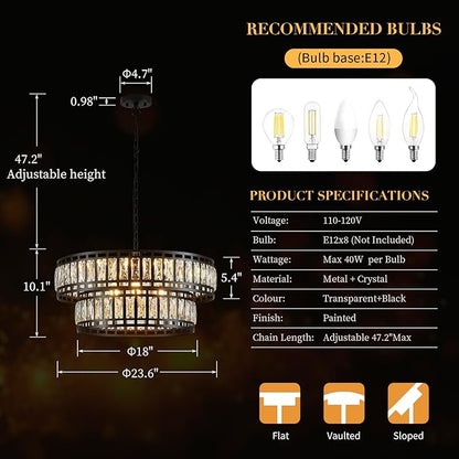24" Modern Crystal Chandelier 8-Light Drum Large Glass Chandelier 2-Tier Round Black Design Luxury Elegant Lighting Fixture for Dining Room, Foyer, Living Room, Bedroom, Kitchen