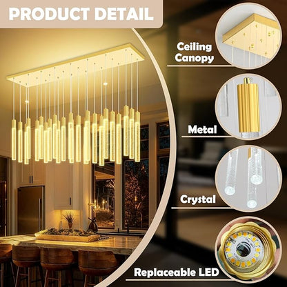 24-Light Rectangular Crystal Chandelier, Large Gold Bubble Crystal Column Pendant Light, Adjustable Height Hanging Chandeliers for Kitchen Island, Living Room, Foyer