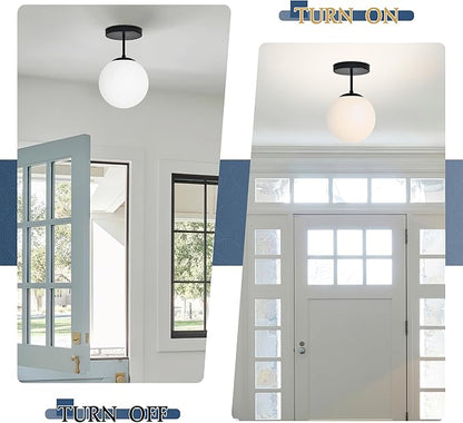 Bagood 8" Black Semi Flush Mount Ceiling Light Fixture Milk Glass Globe Ceiling Light Fixtures Hallway Light Fixtures Mid Century Ceiling Lights Matte Black Finish for Entryway Foyer (Bulb Incl.)