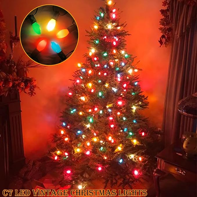 25Ft LED Christmas Lights Multicolor C7 Vintage Christmas Lights with 27 Colored Plastic LED Bulb Light(2 Spare), Old Fashioned Xmas Hanging Light Outdoor for Roof Patio Party Xmas Decor