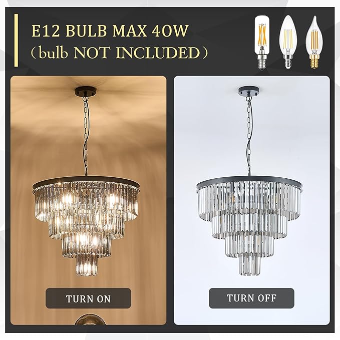 CATINER 24”Modern Black Crystal Chandeliers Ceiling Round Smoke Gray Crystal Chandelier Luxury 4-Tier 12 Lights Pendant Light Fixture Contemporary for Dining Room Foyer Staircase Living Room