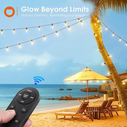 addlon 102FT(96+6) Solar String Lights Outdoor Waterproof with USB Charging & Remote Control - Dimmable Solar Power Patio Lights with LED Bulbs for Porch, Garden, Yard, Market, Bistro - Lasts 20+ Hrs