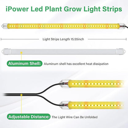 iPower 20W LED Grow Lights with Full Spectrum Plant Growing Light Strips for Indoor Plant with Auto ON/Off 3/9/12H Timer, 10 Dimmable Levels 48 LEDs Per Tude, 2 Tubes, Yellow