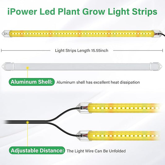 iPower 20W LED Grow Lights with Full Spectrum Plant Growing Light Strips for Indoor Plant with Auto ON/Off 3/9/12H Timer, 10 Dimmable Levels 48 LEDs Per Tude, 2 Tubes, Yellow