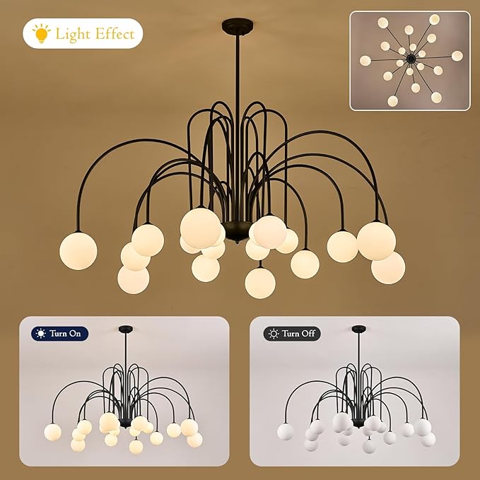 18 Lights Extra Large Sputnik Chandelier L59’’ Mid Century Black Milk Glass Globe Ceiling Pendant Light Fixture Contemporary for Foyer Staircase Living Dining Room High Ceiling