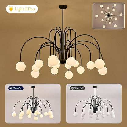 18 Lights Extra Large Sputnik Chandelier L59’’ Mid Century Black Milk Glass Globe Ceiling Pendant Light Fixture Contemporary for Foyer Staircase Living Dining Room High Ceiling