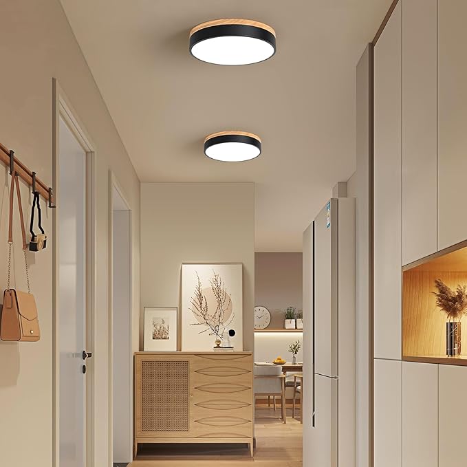 WOKNOS Dimmable Wood Flush Mount Ceiling Light Modern Black LED Ceiling Light Fixture 2700K-6000K Minimalist Round Close to Ceiling Light for Bathroom Hallway Bedroom Entryway Kitchen, 11.81"