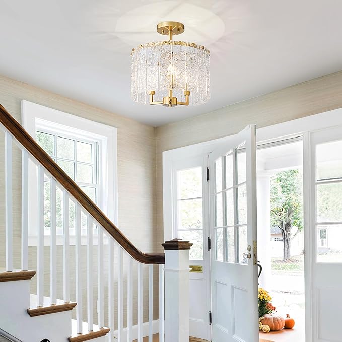 LumFurn 3-Light Modern Ceiling Light for Living Room, Bedroom, Foyer, Kitchen, Close to Ceiling Semi-Flushmount Light Fixture, D12.6 x H14.6, Handmade Glass Shade & Gold Finish Frame