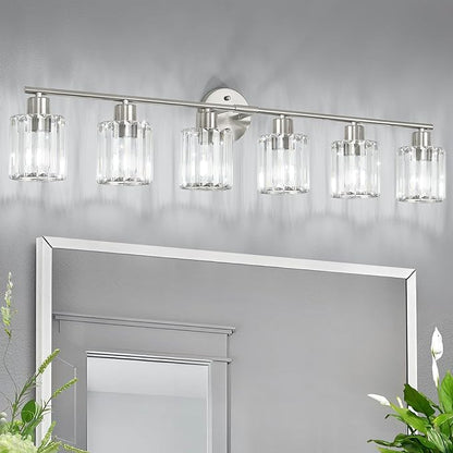 Crystal Bathroom Light Fixtures,Bathroom Lighting Fixtures Over Mirror, Modern 6-Light Brushed Nickel Vanity Lights for Mirror, Restroom,Kitchen(Ceramic E26 Socket,Bulbs Not Include)